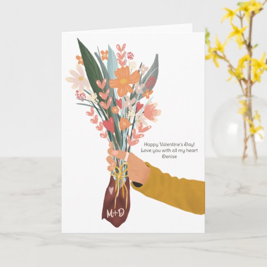 Hand die een bloemboeket vasthoudt Valentijn 2 fot Kaart (Gele Bloem)