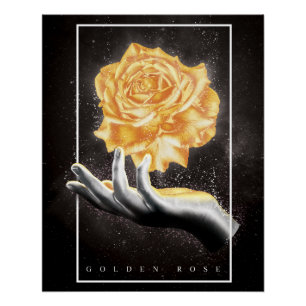 Hand die een gouden roos vasthoudt perfect poster