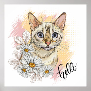 Hand die een grappige sneeuwbengaals kat maakt met poster
