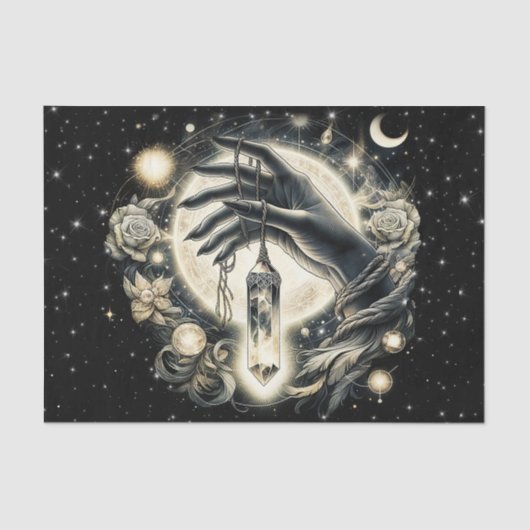 Hand die een kristal vasthoudt onder het maanlicht tissuepapier (Voorkant)