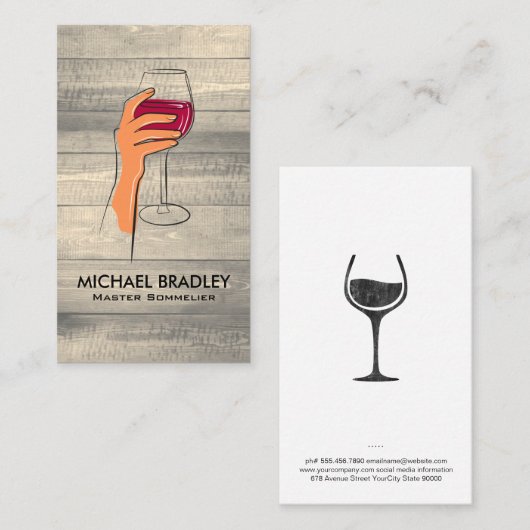 Hand die glas wijn vasthoudt | Hout Visitekaartje (Voorkant / Achterkant)