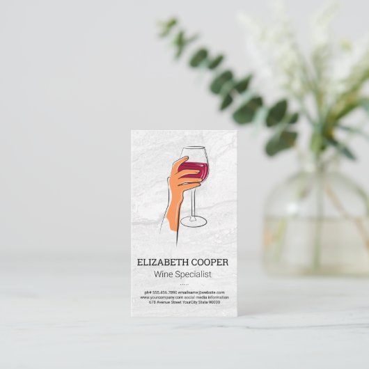 Hand die glas wijn vasthoudt tekening visitekaartje (Staand voorkant)
