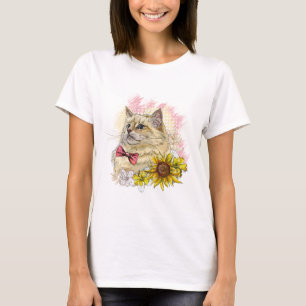 Hand die grappige rode Ragdoll-kat met bloemen tek T-shirt