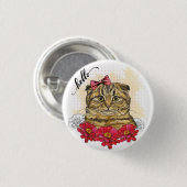 Hand die Schots vouwkat met rode bloemen tekent na Ronde Button 3,2 Cm (Voorkant /achterkant)