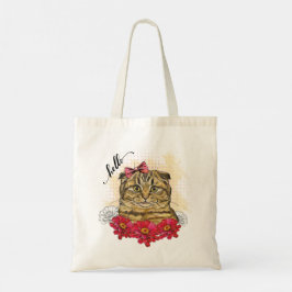 Hand die Schotse volkskat met rode bloemen tekent Tote Bag