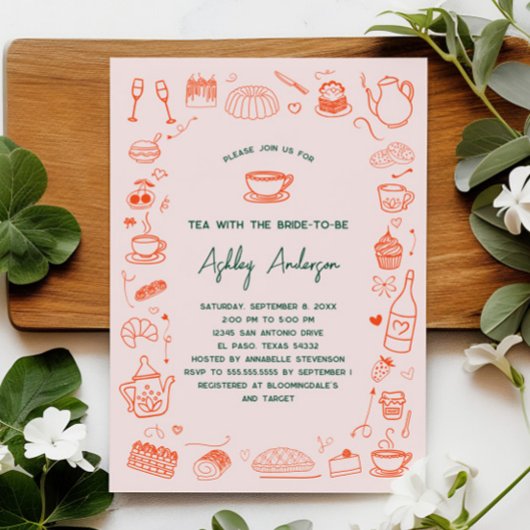 Hand Doodled Whimsical Tea Vrijgezellenfeest Kaart