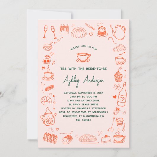 Hand Doodled Whimsical Tea Vrijgezellenfeest Kaart (Voorkant)