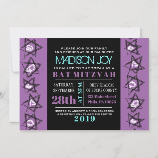 HAND DRAAIT STARS Bat Bar Mitzvah uitnodiging (Voorkant)