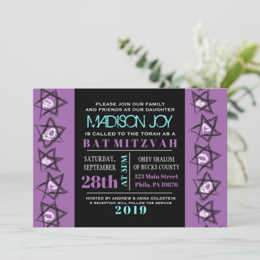 HAND DRAAIT STARS Bat Bar Mitzvah uitnodiging (Staand voorkant)
