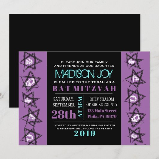 HAND DRAAIT STARS Bat Bar Mitzvah uitnodiging (Voorkant / Achterkant)