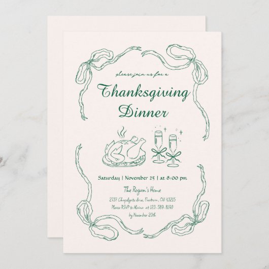 Hand Draw Doodle grillige Thanksgiving Dinner Kaart (Voorkant / Achterkant)