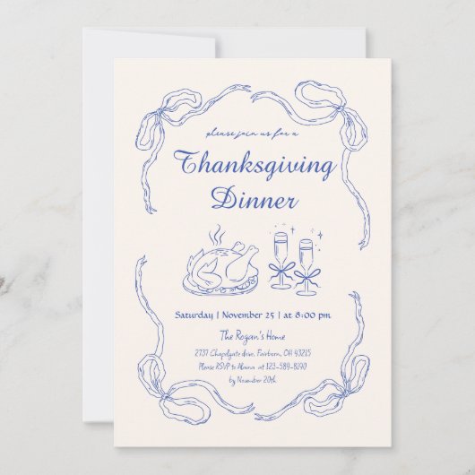 Hand Draw Doodle Whimsical Bow Thanksgiving Diner Kaart (Voorkant)