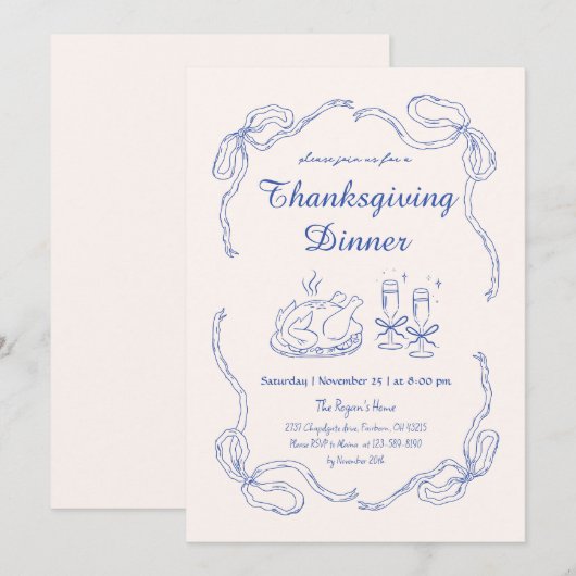 Hand Draw Doodle Whimsical Bow Thanksgiving Diner Kaart (Voorkant / Achterkant)