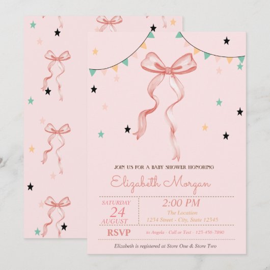 Hand Drawing Pink Bow Stars Baby shower Kaart (Voorkant / Achterkant)