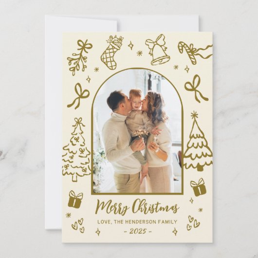 Hand-Drawn Arch Photo Gold Beige Merry Christmas  Feestdagenkaart (Voorkant)