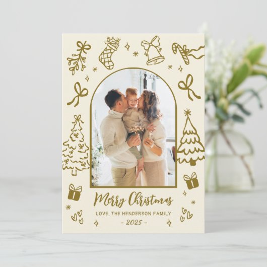Hand-Drawn Arch Photo Gold Beige Merry Christmas Feestdagenkaart (Staand voorkant)