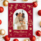 Hand-Drawn Arch Photo Red and Gold Merry Christmas Feestdagenkaart