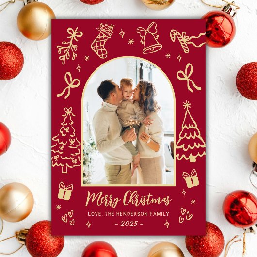 Hand-Drawn Arch Photo Red and Gold Merry Christmas Feestdagenkaart