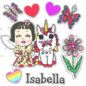 Hand Drawn Asian Fairy, Unicorn and Name Sticker (Voorkant)