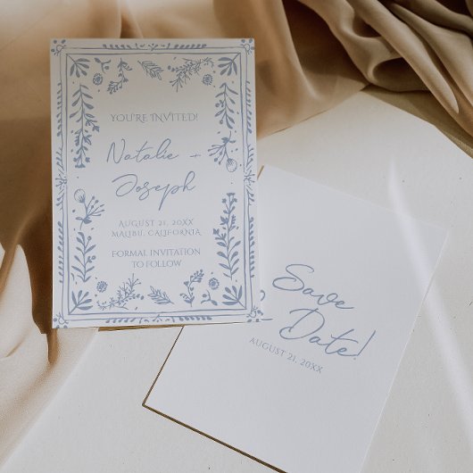 Hand Drawn Azure Blue Floral Garden Whimsy Wedding Save The Date
