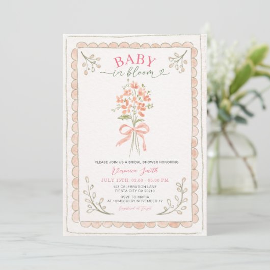 Hand Drawn Baby in Bloom Baby Shower Invite Kaart (Staand voorkant)