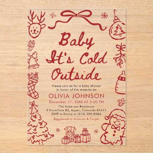 Hand Drawn Baby It's Cold Outside Baby Shower Acryl Uitnodigingen (Voorkant)