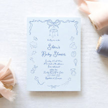 Hand Drawn Baby Shower, Bow Baby Boy Handwritten 