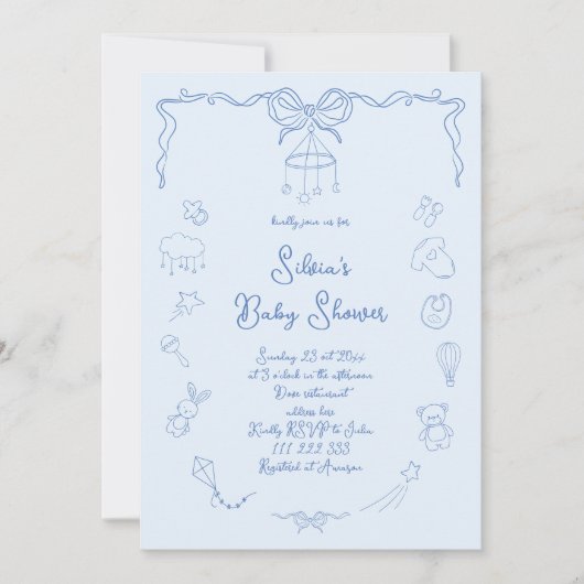 Hand Drawn Baby Shower, Bow Baby Boy Handwritten Kaart (Voorkant)