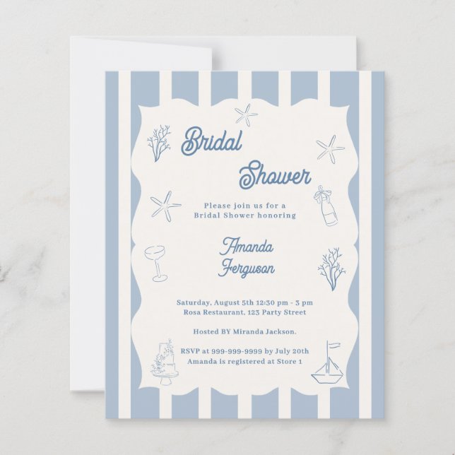 Hand drawn beach blue Bridal Shower invitation (Voorkant)