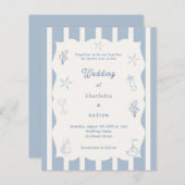 Hand drawn beach blue ivory wedding invitation (Voorkant / Achterkant)