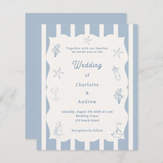 Hand drawn beach blue ivory wedding invitation (Voorkant / Achterkant)