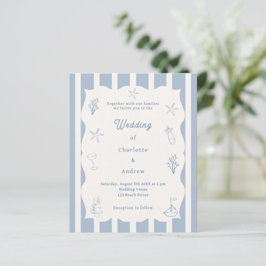 Hand drawn beach blue ivory wedding invitation (Staand voorkant)