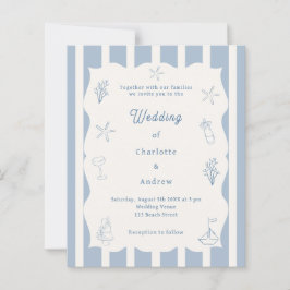 Hand drawn beach blue ivory wedding invitation