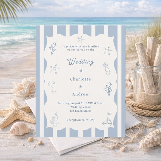 Hand drawn beach blue ivory wedding invitation