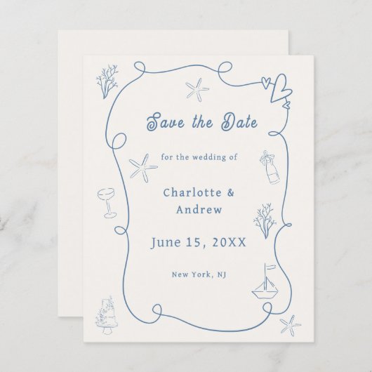 Hand drawn beach blue ivory wedding Save the Date (Voorkant / Achterkant)