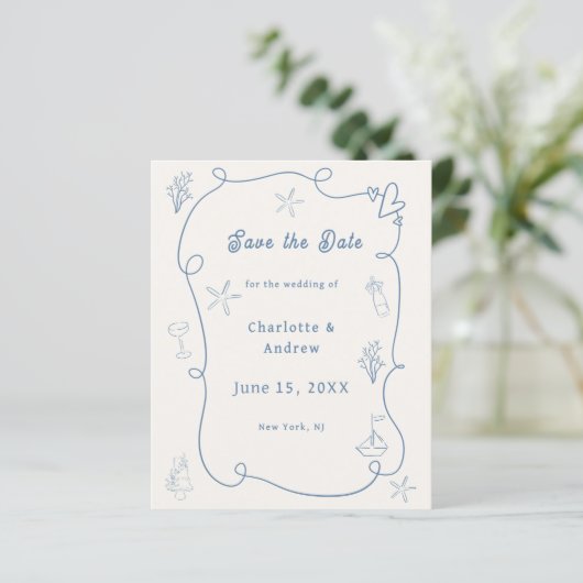 Hand drawn beach blue ivory wedding Save the Date (Staand voorkant)