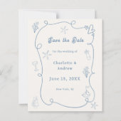 Hand drawn beach blue ivory wedding Save the Date (Voorkant)