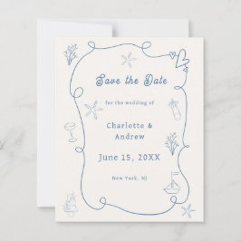 Hand drawn beach blue ivory wedding Save the Date