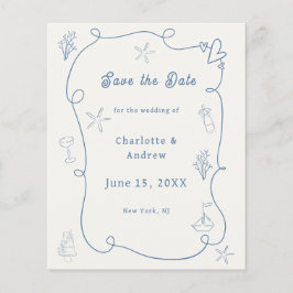 Hand drawn beach blue ivory wedding Save the Date Flyer