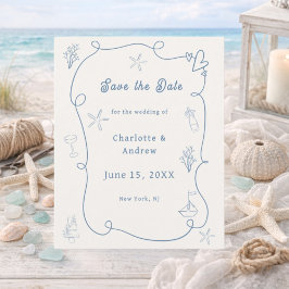Hand drawn beach blue ivory wedding Save the Date Flyer
