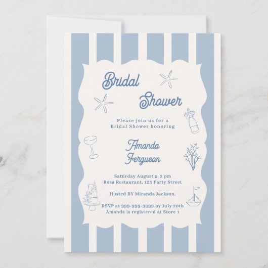 Hand drawn beach dusty blue ivory Bridal Shower Kaart (Voorkant)