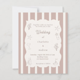 Hand drawn beach ivory taupe wedding invitation