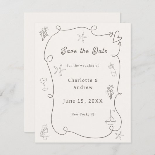 Hand drawn beach ivory taupe wedding Save the Date (Voorkant / Achterkant)