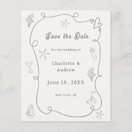 Hand drawn beach ivory taupe wedding Save the Date Flyer