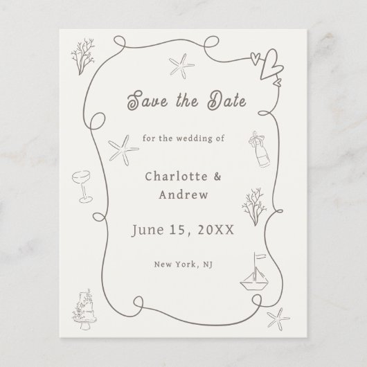 Hand drawn beach ivory taupe wedding Save the Date Flyer (Voorkant)