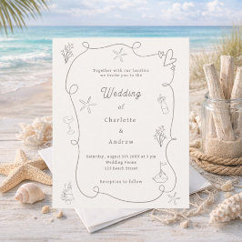 Hand drawn beach sand ivory wedding invitation