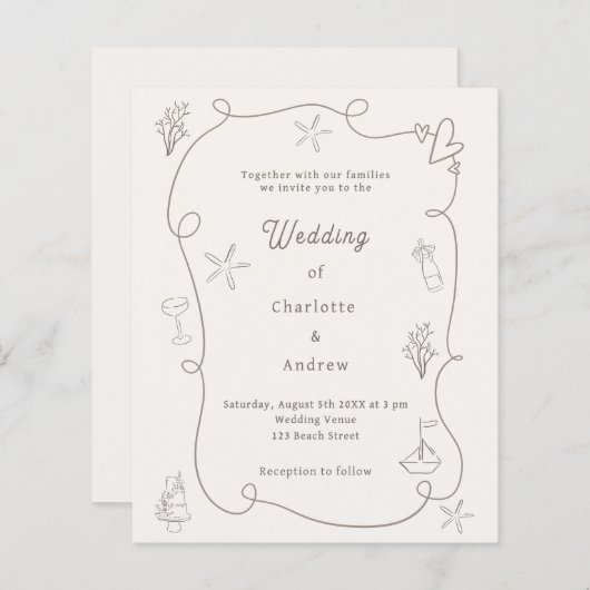 Hand drawn beach sand ivory wedding invitation (Voorkant / Achterkant)