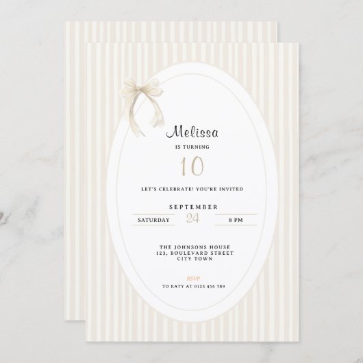 Hand Drawn Beige Stripes Bow 10th Birthday Kaart (Voorkant / Achterkant)