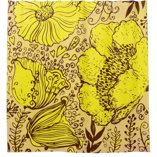 Hand Drawn Beige Yellow & Brown  Flowers Douchegordijn (Voorkant)