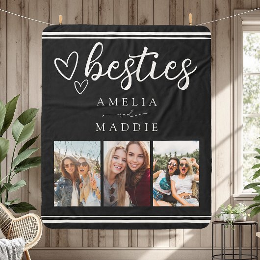 Hand Drawn Besties Photo Collage Black and White  Sherpa Deken